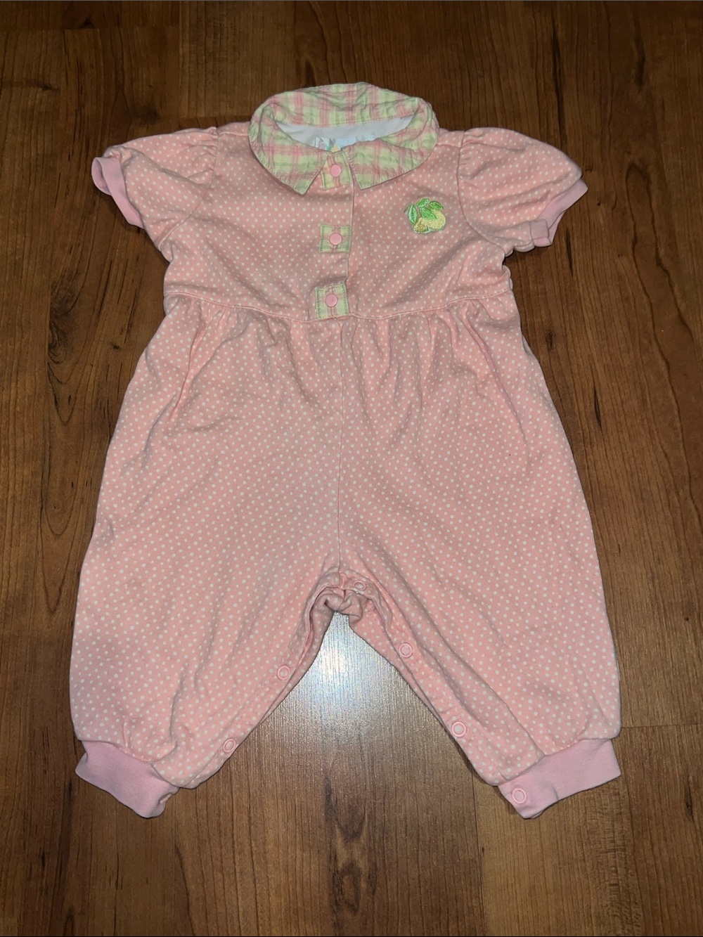 Vintage 🍋Lemon Embroidered Pink Polka Dot Infant Romper Pastel Plaid Collar 1998 - Picture 6 of 6
